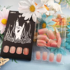 24Pcs Pink Ombr Press on Nails Glossy False Nail Medium Square Stick on Nail Simple Acrylic Full Cover Fake Nails Gradient Gel Glue on Fingernails for Holiday Manicure Art