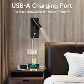 Recessed Wall Light with USB Charger, Adjustable 350° Rotatable 90° Foldable, Flush-Mounted Installation, 3W LED 3000K Warm Light, Bedside Reading Lamp for Bedroom Hotel Headboard Wall Sconce, Black