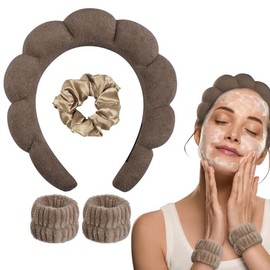 Conjunto WD&CD en café: diadema de esponja con diseño nube y pulseras de forro polar
