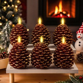 Honoson 6pcs LED Flameless Pine Cone Candles with Timer Battery Operated Flickering Wick Christmas Pine Cone Candles for Holiday Indoor Decoration, Brown