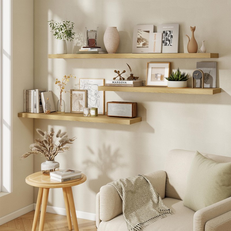 48 Inch Long Floating Shelves Oak, 9.3" Deep Floating Shelf