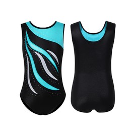 ESHOO Striped Gymnastics Leotards for Girls Sparkle Ballet Dance Gymnastics Athletic Leotards with Shorts & Hairband(Sleeveless Blue,7-8Y)
