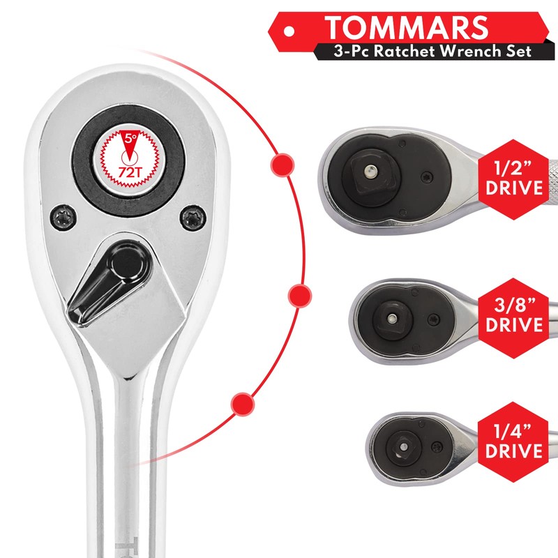 TOMMARS Ratchet Set 1/4" 3/8" 1/2" Drive Ratchet Socket Wrench