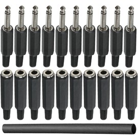 DKARDU 6.35mm TS Mono Solder Plug, 6.35mm 1/4inch Male TS Jack & 6.35mm 1/4inch Female TS Jack, Solder Type Black ABS 6.35mm TS Connector with Shrinkle Tube for Repairing(20 Pack)