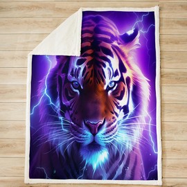 Tiger Kids Throw Blanket,Lightning Starry Sky Bed Blanket for Boys Men,Wildlife Hunting Animal Adventure Rustic Fleece Blanket,Purple Brown Fashion Fuzzy Blanket,Throw Size (50 x 60 Inches)