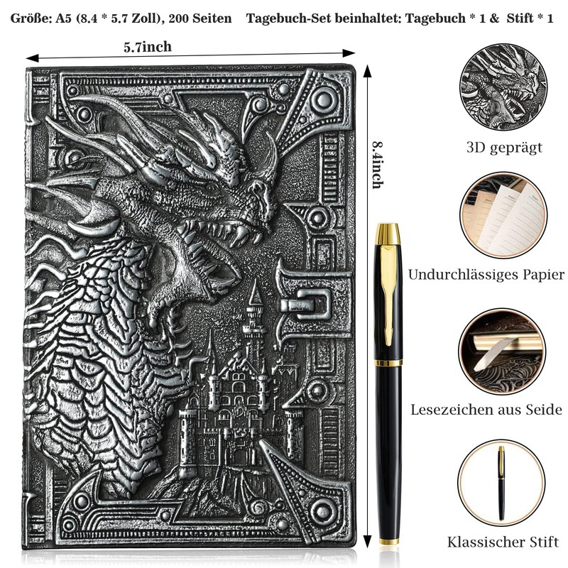 3D Dragon Vintage Diary + Pen Set, A5 Lined Notebook,
