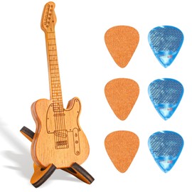 Guitar Pick Holder, Wooden Guitar Pick Box with 3Pcs Wooden Guitar Picks and Non-slip Celluloid Plectrums for Bass Electric Acoustic Guitars Ukulele (Electric Guitar Model)