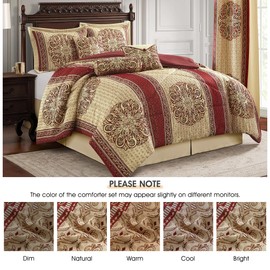LANCO MODERN LIFESTYLE California King Comforter Set, Wine Gold Medallion Jacquard Design, Luxurious Bohemian 9 Pieces Bedding Set with Curtains, Decorative Pillows and Bed Skirt