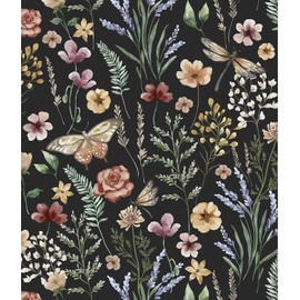 Orainege Vintage Floral Wallpaper Peel and Stick Wallpaper Boho Floral Contact Paper 15.7in x 196.8in Self Adhesive Wallpaper for Bedroom Cabinets Decor Removable,Black