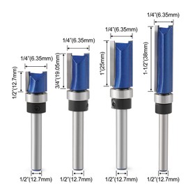 Trvoxviq Flush Trim Pattern Router Bits, 1/4" Shank Straight Flush Trim Tools Template Milling Cutter CNC Bit(4Pcs), 1/2" CED Bottom Bearing Cutter bit for Solid Wood, Plywood, MDF Engraving