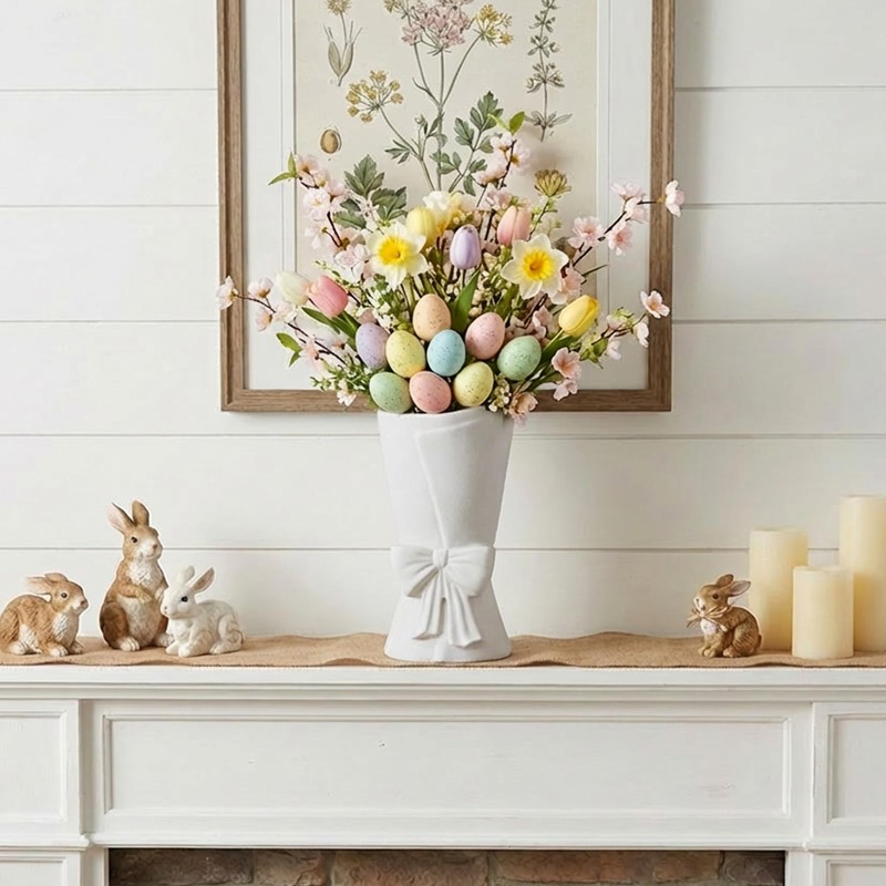 Relexome White Ceramic Bow Vase Unique Cute Decorative Bouquet Flower