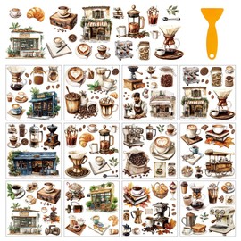 arricraft Pack of 12 PVC Transfer Stickers 14 cm (5.51 Inches) Square Window Transfer Sticker Set with Coffee Drinking Motif for Walls Window Home Decoration Scrapbooking Sticker Accessories