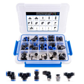 50PCS Air Line Fitting Kits, NPT Thread Push To Connect Fittings, Nylon Tubing 1/4, 3/8, 1/8, 1/2" Quick Connect, Air Line Fittings assortment kit for Automotive Car or Industry Air System