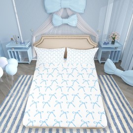 Manfei Cartoon Bowknot Kids Fitted Sheet Twin Size,Bow Tie Knot Geometric Patchwork Fashion Bedding Set,Girls Women Room Decor,Hand-Painted Sketch Blue Noble Bed Sheet,1 Pillowcase(No Flat)