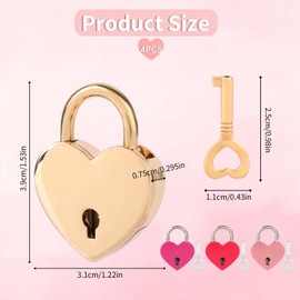 4 Pack Heart Shape Lock Key Padlock Mini Heart Locks with Keys Heart Metal Padlock Alloy Heart Lock with Keys for Baggage Diary Jewelry Box, 4 Colors