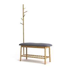 HOMES: Inside + Out Finch Contemporary Bamboo 3-in-1 Design Hall Tree Coat Rack Shoe Bench with 5 Hooks and Storage Shelf for Entryway, Hallway, Bedroom, Bathroom, and Mudroom, Natural