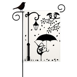 Mugod Black Cat Dancing with Umbrella Garden Flag 12.5X18 Vertical Double Sided, Owls on Branch Vintage Streetlight Home Yard Flags for House Outdoor Decor Porch Patio Lawn