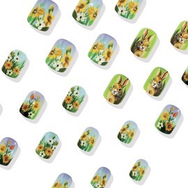 Short Press on Nails Square Fake Nails with Spring Daisy Designs Easter Rabbit Nails Press ons Reusable Acrylic False Nails Easter Glue on Nails Spring Stick on Nails for Women Girls