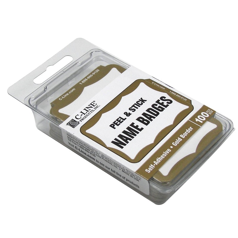 C-Line Pressure Sensitive Peel and Stick Name Badges, Gold Border,