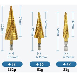 Lohill HSS Step Drill, 3-Piece Step Drill Set, Peeling Drill Set, Exact Spiral Groove Taper Drill, 4 mm to 12/20/32 mm, Titanium-Coated Professional Metal Drill Bit Set for Metal, Wood, Plastic