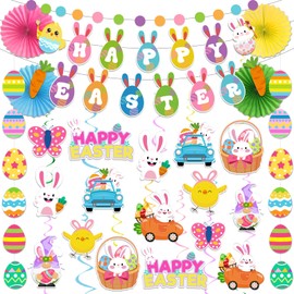 Easter Decorations,Easter Decorations Indoor includes Happy Easter Banner Egg Garland Bunny Chicken Hanging Swirls, Colorful Rabbit Hanging Swirls for Spring Party Home Classroom Office