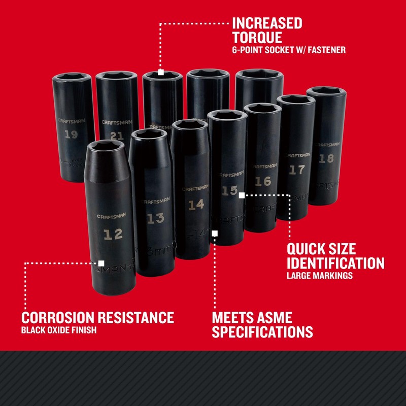 CRAFTSMAN Impact Socket Set, Metric, 1/2-Inch Drive, Deep Impact Sockets,