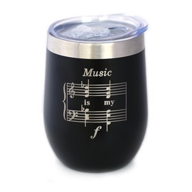 Music is My Forte - Wine Tumbler Glass with Sliding Lid - Stainless Steel Mug - Unique Funny Musician Gifts and Musical Accessories - Black
