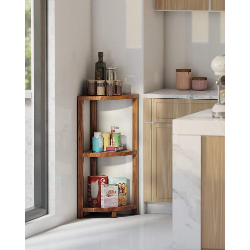 BLUEWEST 3-Tier Corner Shower Caddy Stand, Wood Shower Organizer Standing