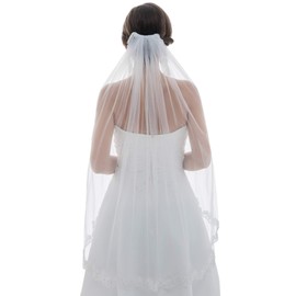 SAMKY 1T 1 Tier Floral Scallop Embroided Lace Pearl Veil - Light Ivory Fingertip Length 36" V471