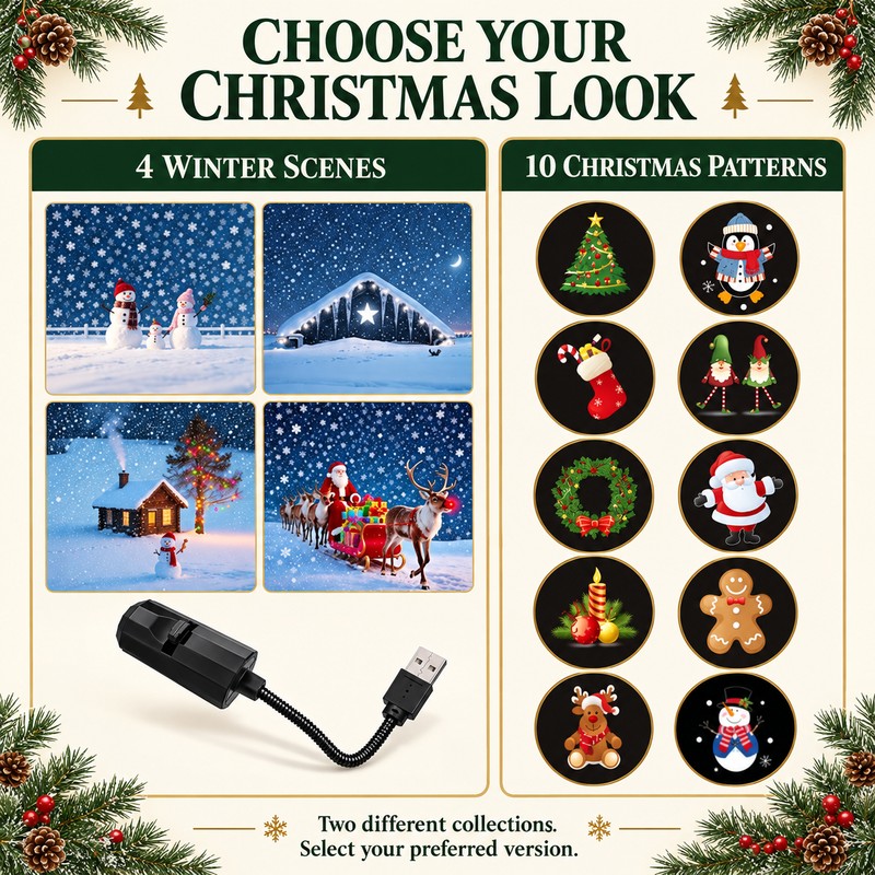 Indoor Christmas Projector Light, USB, 10 Festive Patterns for Walls