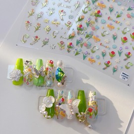 Flower Nail Art Stickers Decals 5D Flowers Nail Stickers Summer Floral Leaf Plant 5D Embossed Nail Decals Self-Adhesive Nail Art Supplies Flower Nail Art Nail Decorations 1 Sheet