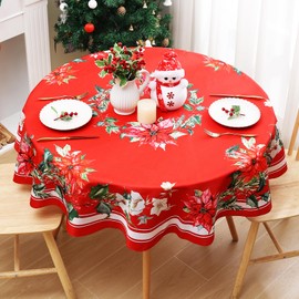 homing Christmas Round Tablecloth – Red Poinsettia Flower Holly Holiday Wrinkle Resistant Spillproof Easy Care Table Cloth for Party and Family Gatherings -60" Diameter