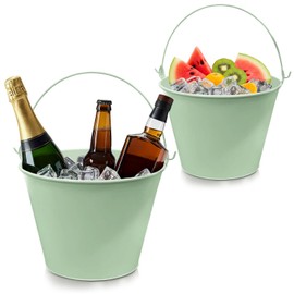 PLEXON Galvanized Metal Ice Bucket for Parties Coctail Bar Restaurant - Drink Beer Champagne Metal Pail Bucket with Handle, Beverage Chiller Cooler Small 1.3 Gallon, Green Set of 2