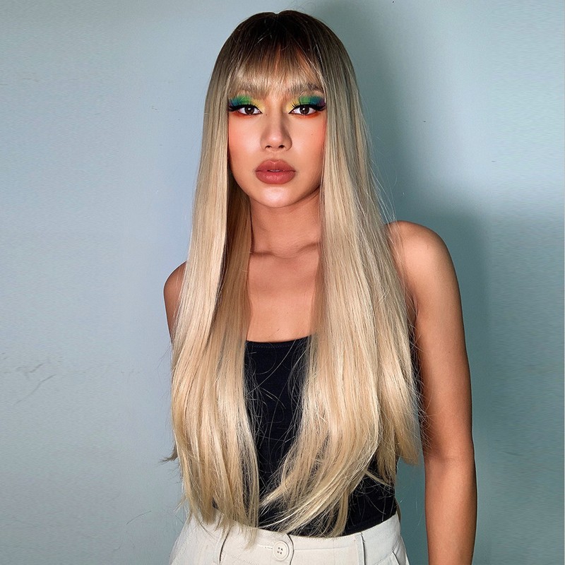Long Black Wig Human Hair with Bangs and Wig Cap