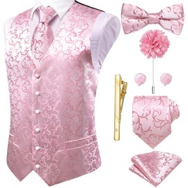 Hi-Tie Jacquard Silk Light Pink Mens Tux Vest and Bow Tie Set Necktie Lapel Pin Gold Tie Clip Paisley Floral Waistcoat 8PCS Set Tuxedo Wedding Party