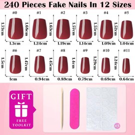 LunarCharm 240 Stück Burgunderrote Sargnägel zum Aufdrücken, kurze künstliche Nägel mit Klebelaschen, Aufdrücken der Nägel, Damen-Acrylnägel, künstliche Fingernägel