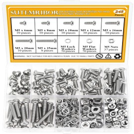 245 Pieces M5 Machine Screws Nuts Washers Set, Sutemribor M5 x 6/8/10/12/16/20/25mm Phillips Pan Head Machine Screws Nuts Washers Assortment Kit, 304 Stainless Steel, Fully Threaded