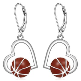 Basketball Earrings Sterling Silver Basketball Hoop Earrings for Women Dangle Dangling Sports Game Day Earrings