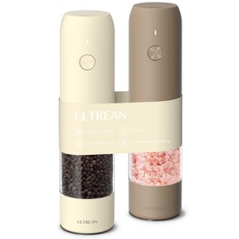 Ultrean Electric Pepper Grinder, Rechargeable Salt and Pepper Grinder with 6 Adjustable Coarseness, LED Light, One-Hand Automatic Operation, Brown&Cream