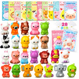 digi Valentines Day Gifts for Kids, 28 PCS Animal Squishy Toys Keychains with Valentines Day Cards, Valentines Day Classroom Exchange Party Favors for kids Over 3 years old