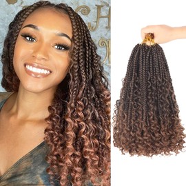 Boho Crochet Braids with Curly Ends 12 Inch Goddess Braids Crochet Hair Pre Looped 3X Bohemian Box Braids Crochet Braids for Black Women Ombre Brown T30