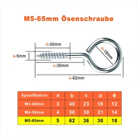 MOGADEE® Pack of 10 Stainless Steel Screw Eyelets M5 65 mm, Eye Bolt, Hooks for Screw Hooks, Screw Eyelets with Wood Thread, Eyelet Hooks to Tension a Washing Line Christmas Garland