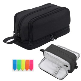 Kingmyth Pencil Case, Large Capacity Pen Pouch with 4 Compartments Multifunctional Cute Pencil Cases for Girls Boys with Sticky Note (Black)