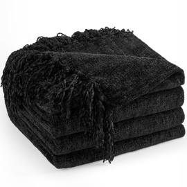 LONG CREATE Chenille Throw Blanket for Couch 60"X 80" Twin, Soft Cozy Throws with Fringe Tassel for Bed Sofa Chair Cover, Lightweight Knitted Decorative Boho Blankets for Living Room, Black