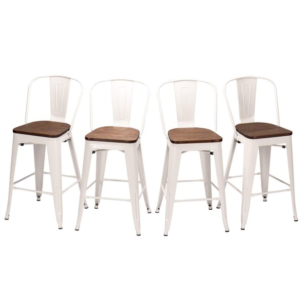 HAOBO Home Metal Bar Stools Modern Industrial Counter Height Stools Dining Chairs (26", High Back White Wooden Seat)[Set of 4]