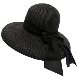 XGOPTS Women's Beach Sun Straw Hat Fashion Wide Brim Bowknot Straw Hat Foldable Sun UV Protection Summer Casual Sun Hat for Outdoor Beach Holiday Travel (58-60cm) Black