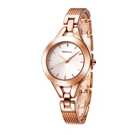 REBIRTH Round Watch Simple Dial Analog Quartz Wristwatch for Female(Rose Gold)