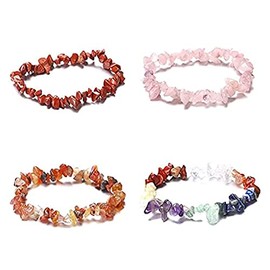 COLORFUL BLING 4pcs Red Raw Carnelian Bracelet Set Natural Stone Chips Chakra Good Luck Energy Gemstone Rose Quartz Crystal for Women Healing Anxiety Jewelry