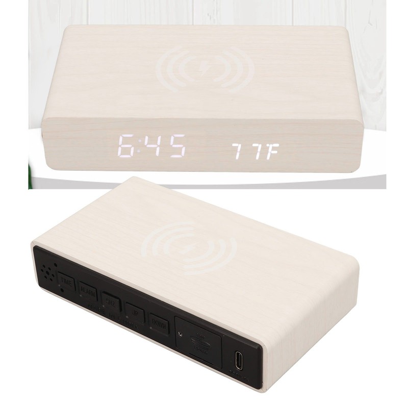 Wooden Digital Clock Wireless Charging Function 3 Brightness Electric Alarm
