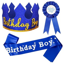 Birthday Decorations for Boy: 1 Blue Birthday Hat, 1 Royal Blue Birthday Sash, 1 Royal Badge, Perfect for Boys' Photoshoots